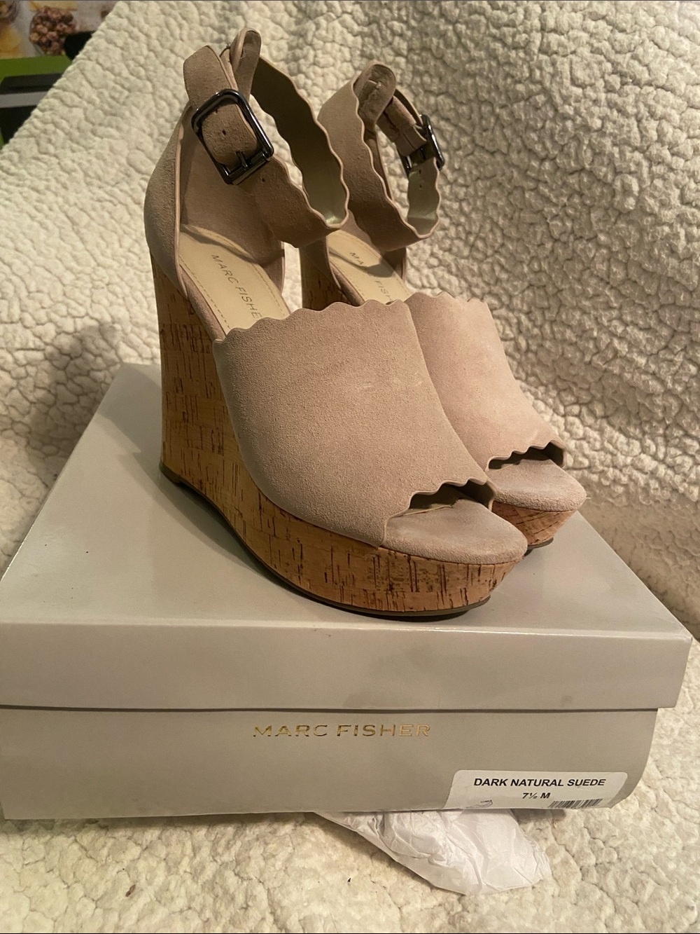 Marc Fisher Taupe Suede Scalloped Cork Wedge Sandals